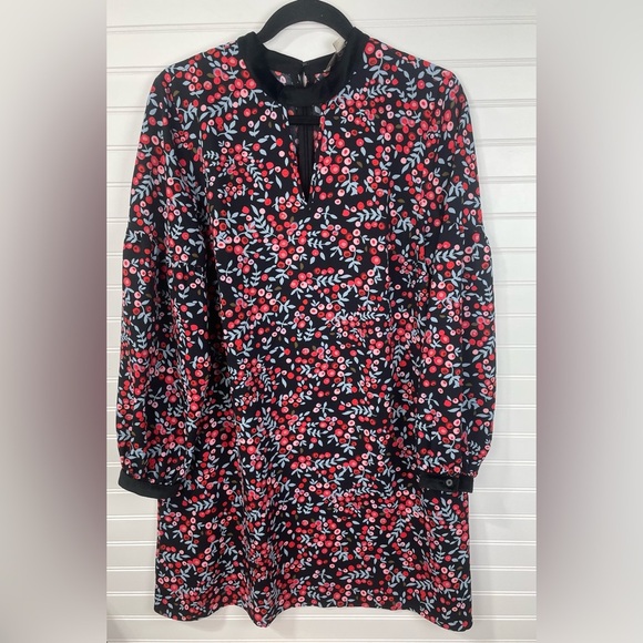 Loft Floral/Berry Long Sleeve Black Velvet Trim Keyhole Dress M Women’s EUC - Picture 2 of 13